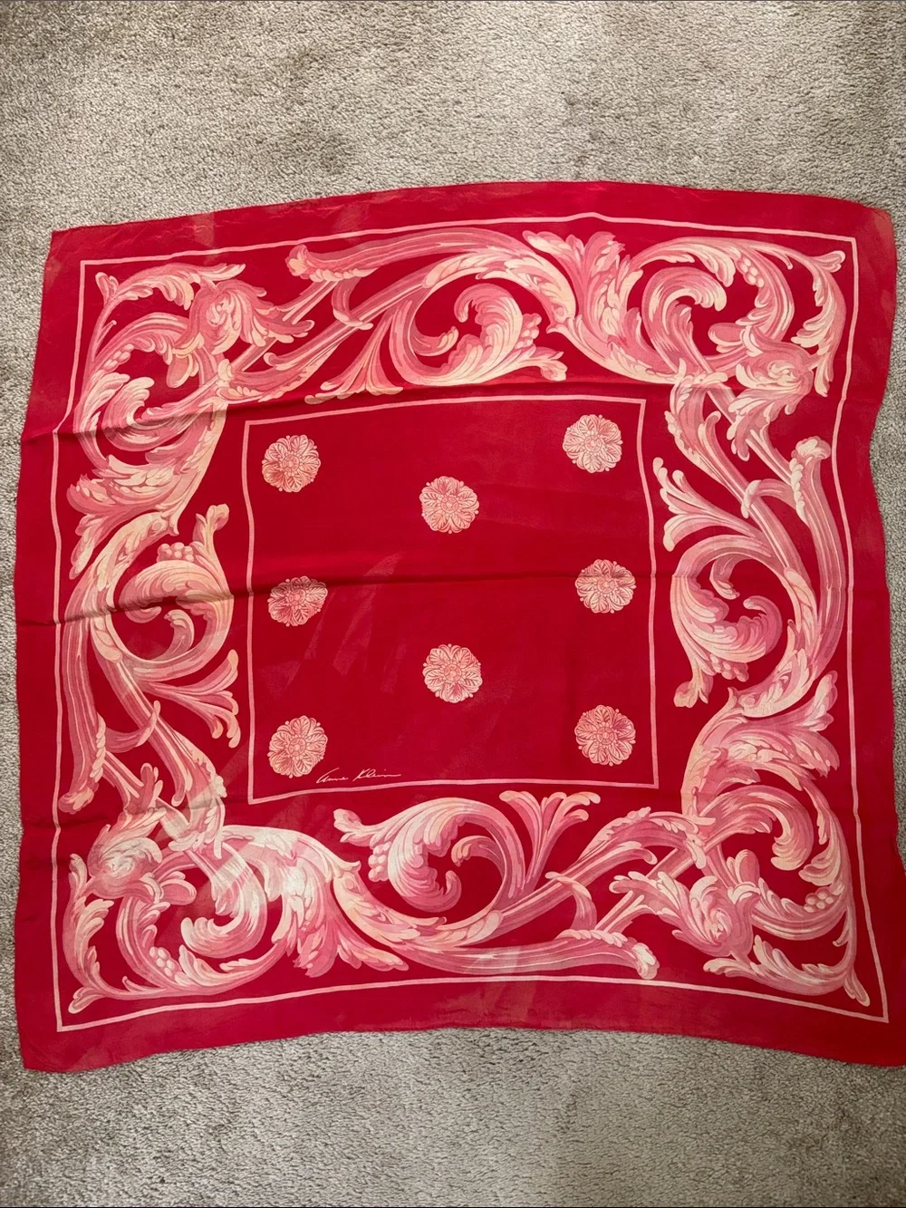 Anne Klein Red Scarf with Cream Scrollwork